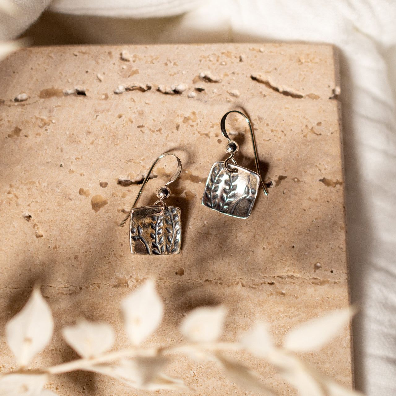 Sterling Silver Stamped Leaf Earrings