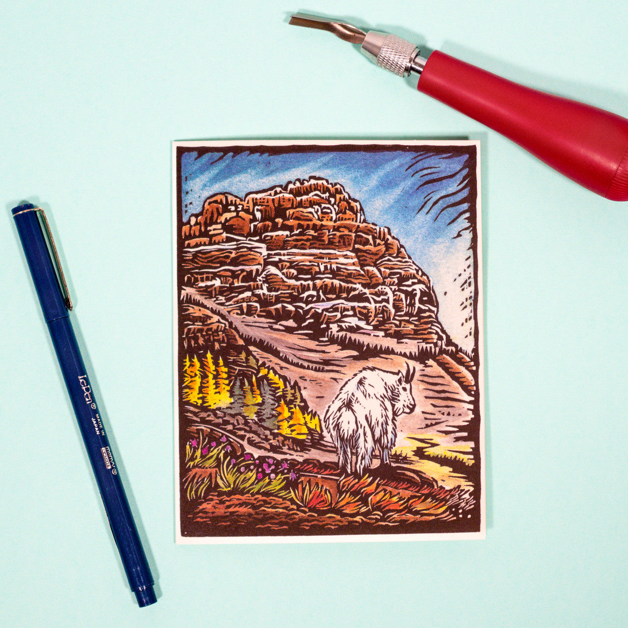 Mountain Goat Block Print Card