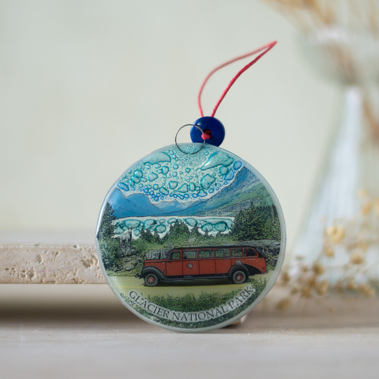 Red Bus Glass Ornament