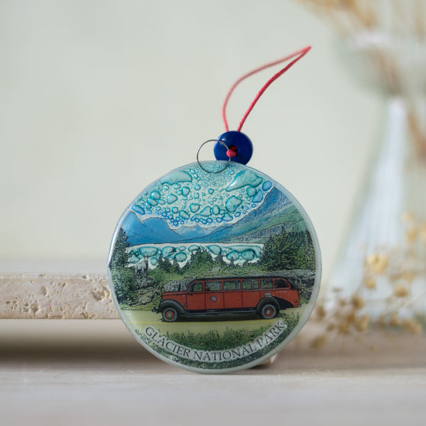 Red Bus Glass Ornament