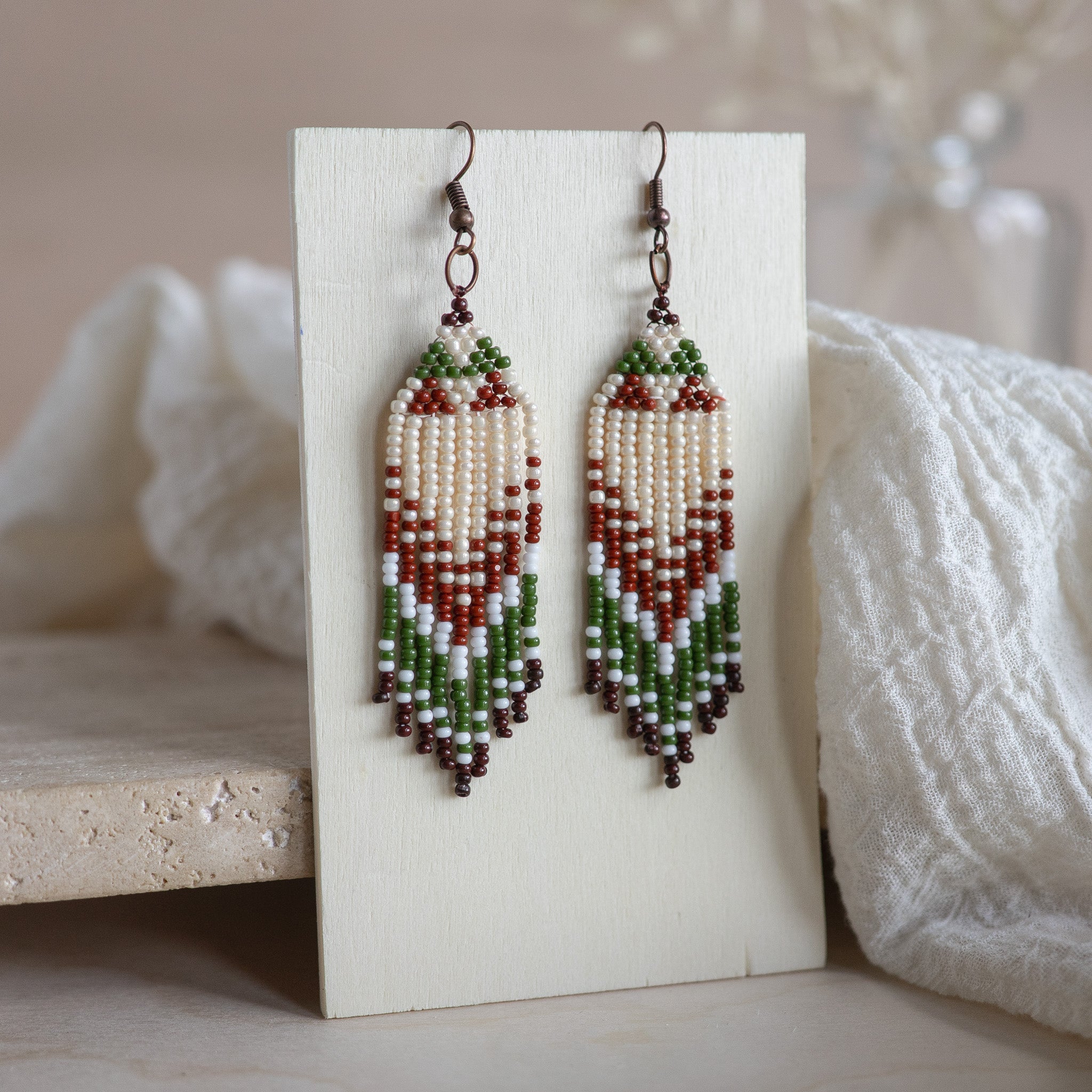 Beaded Fringe Earrings - Olive