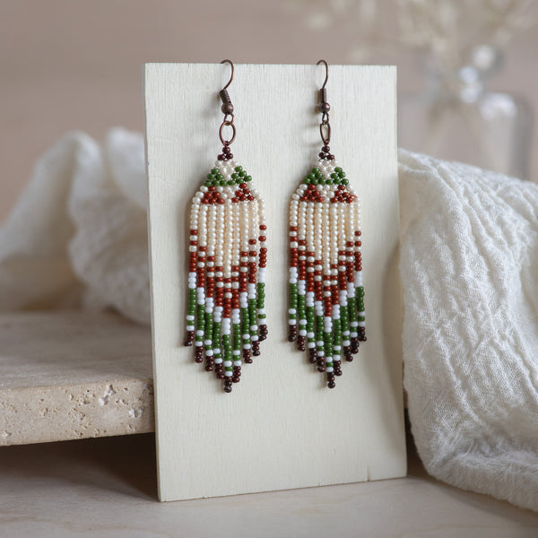 Beaded Fringe Earrings - Olive