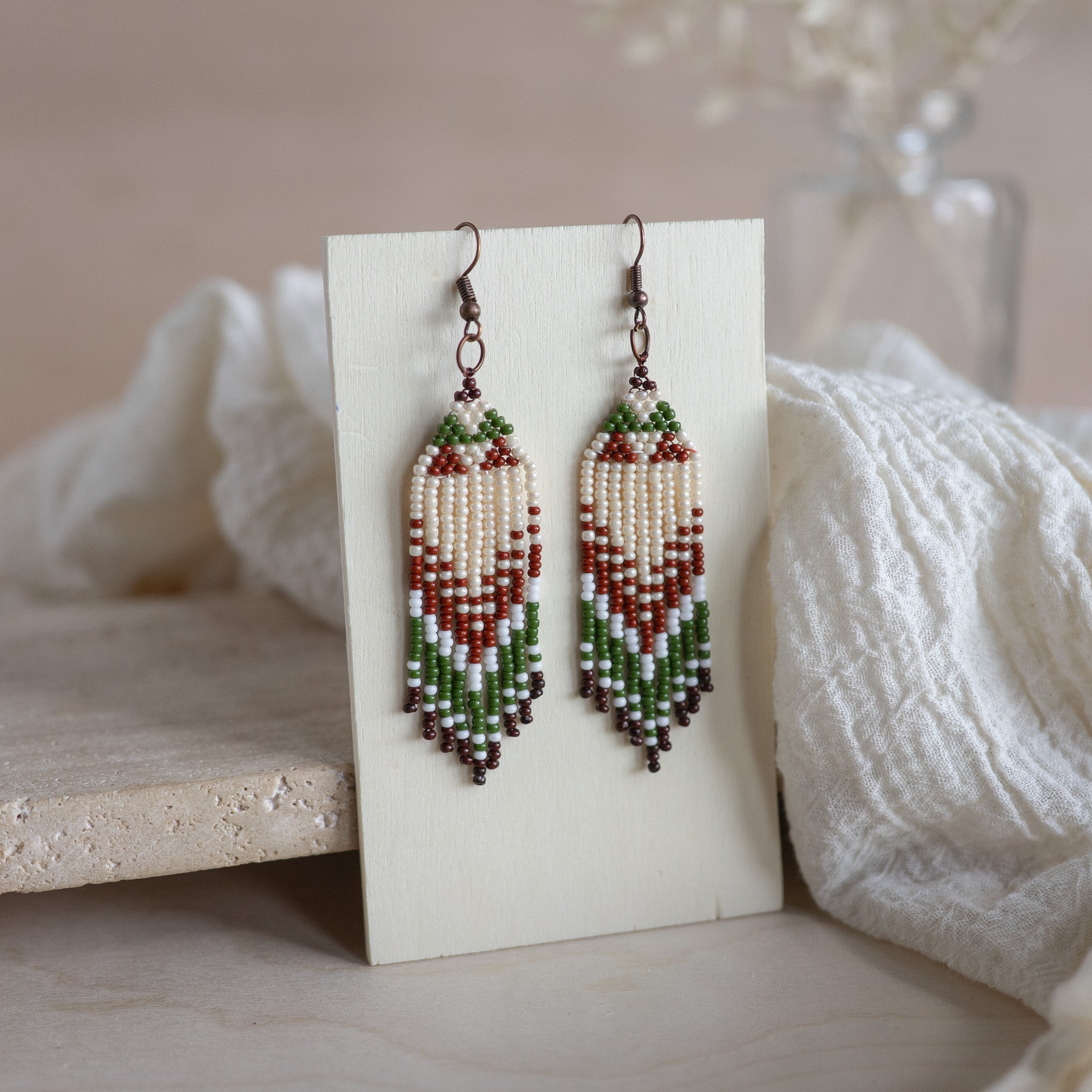 Beaded Fringe Earrings - Olive