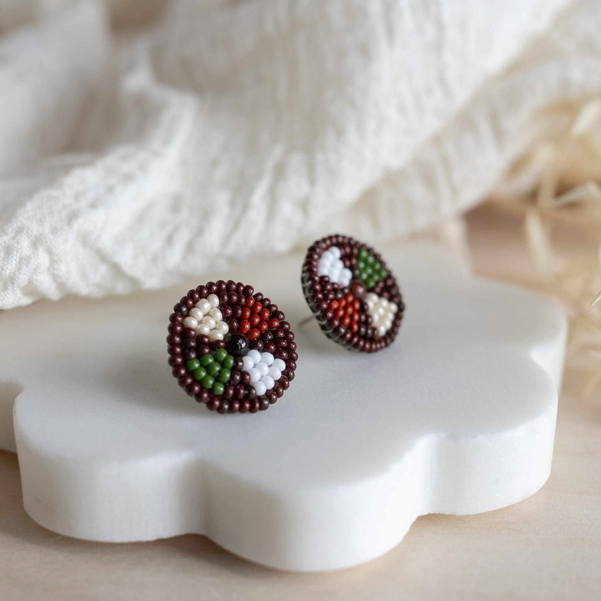 Beaded Stud Earrings - Olive