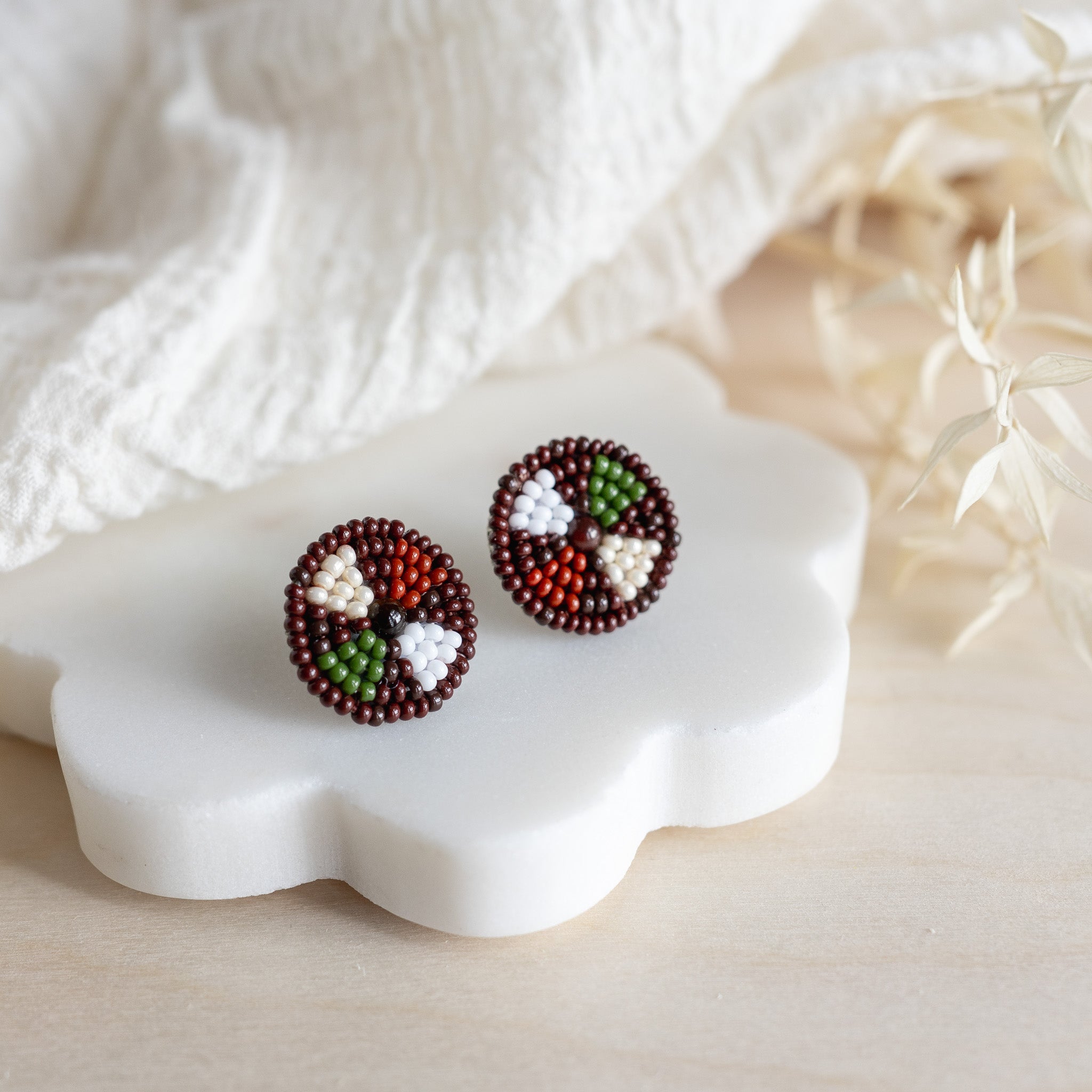 Beaded Stud Earrings - Olive
