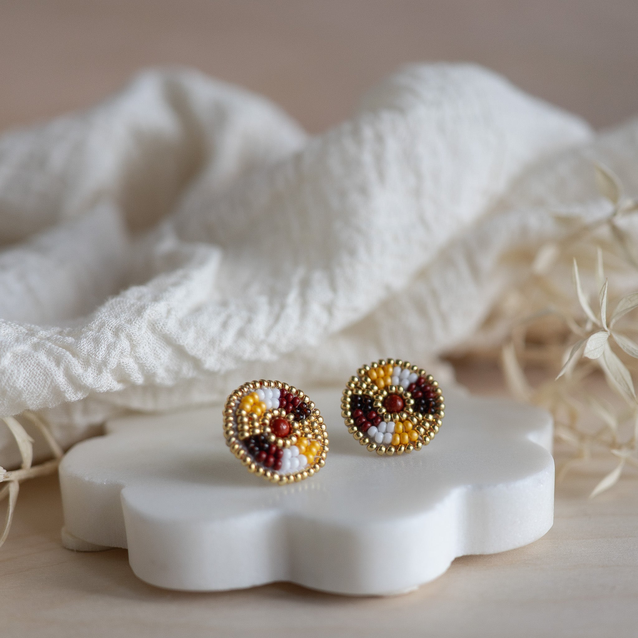 Beaded Stud Earrings - Yellow/Gold