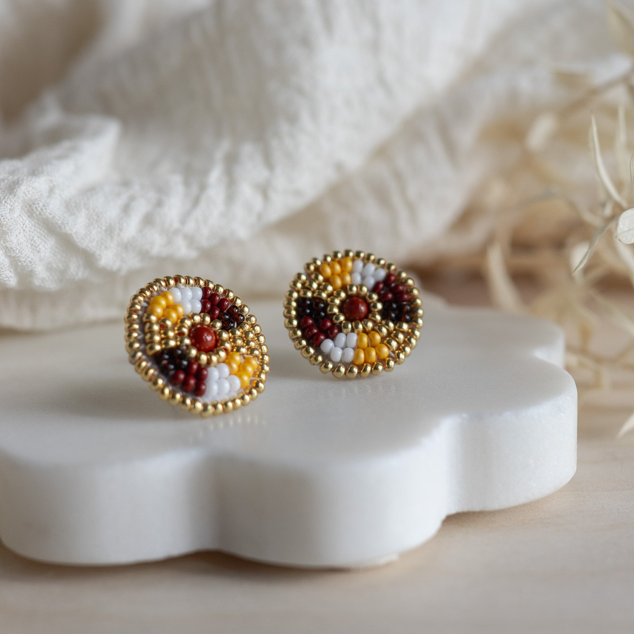 Beaded Stud Earrings - Yellow/Gold