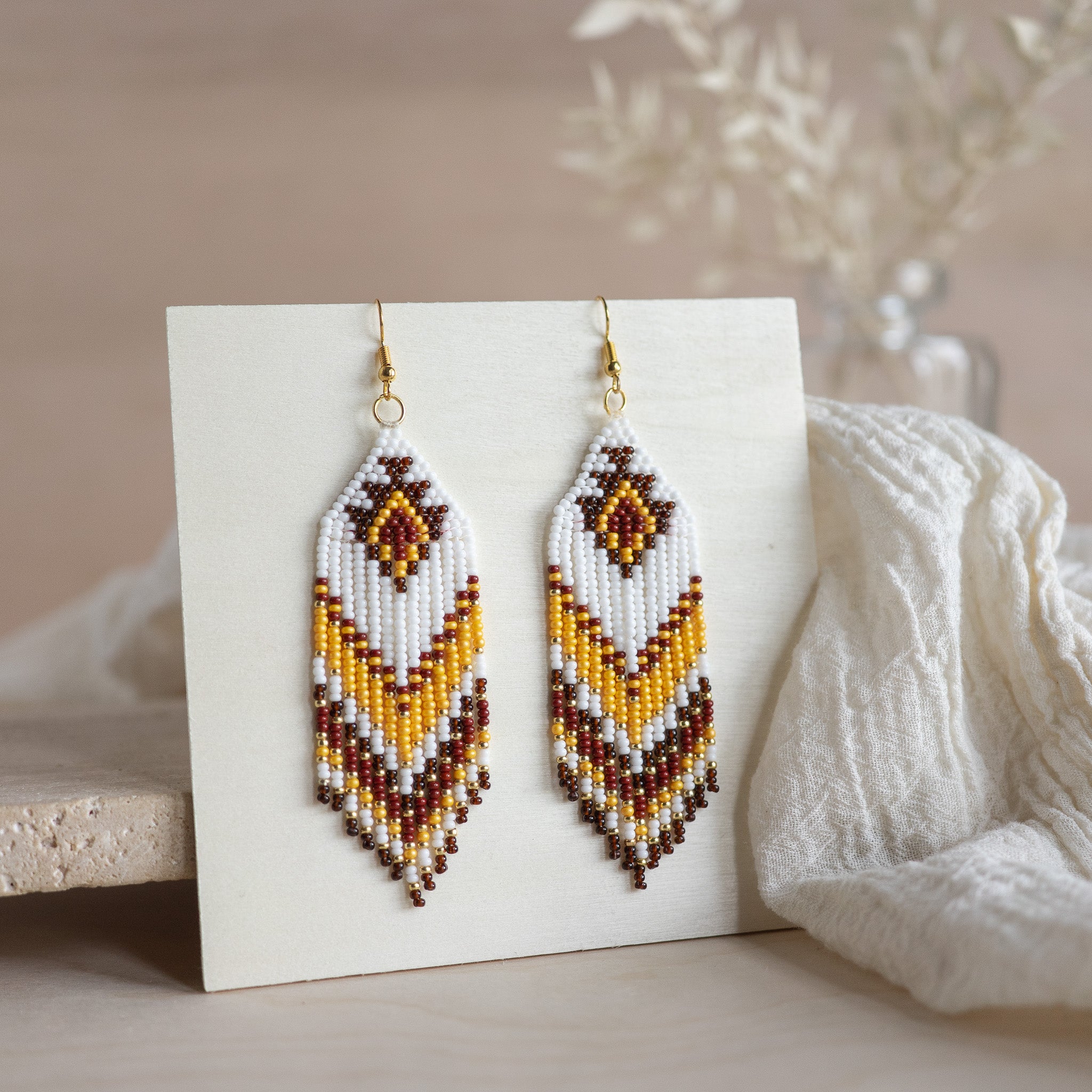 Long Beaded Fringe Earrings - Yellow/Gold